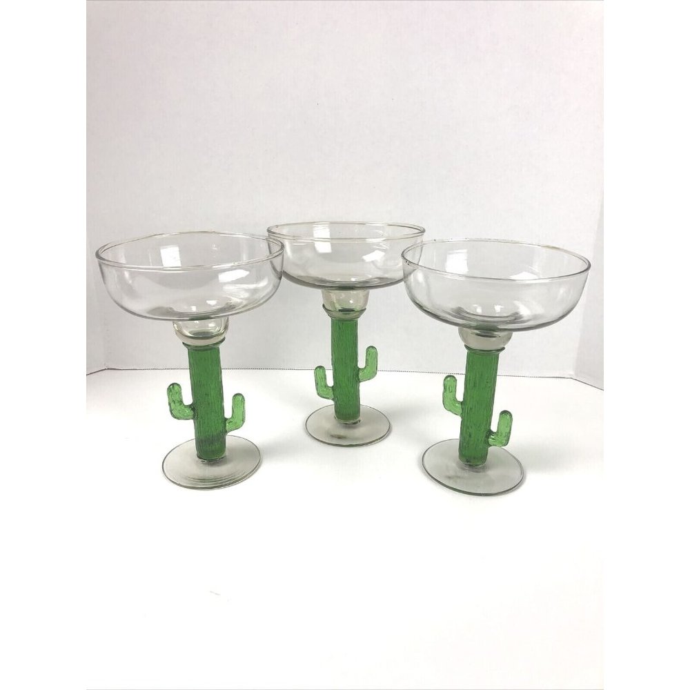Set of 3 Vintage Mexican Hand Blown Glass Cactus Stem Margarita Glasses 14oz